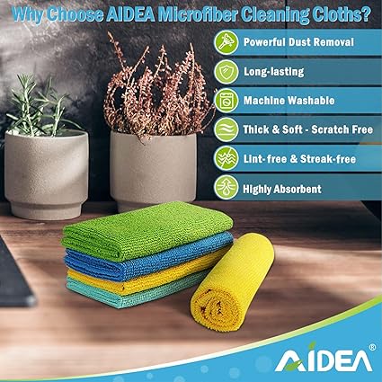 AIDEA Microfibre Cloth Pack of 8, Multifunctional Reusable Cleaning Cloths