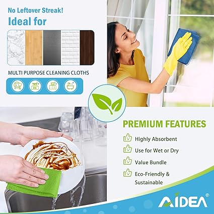 AIDEA Microfibre Cloth Pack of 8, Multifunctional Reusable Cleaning Cloths